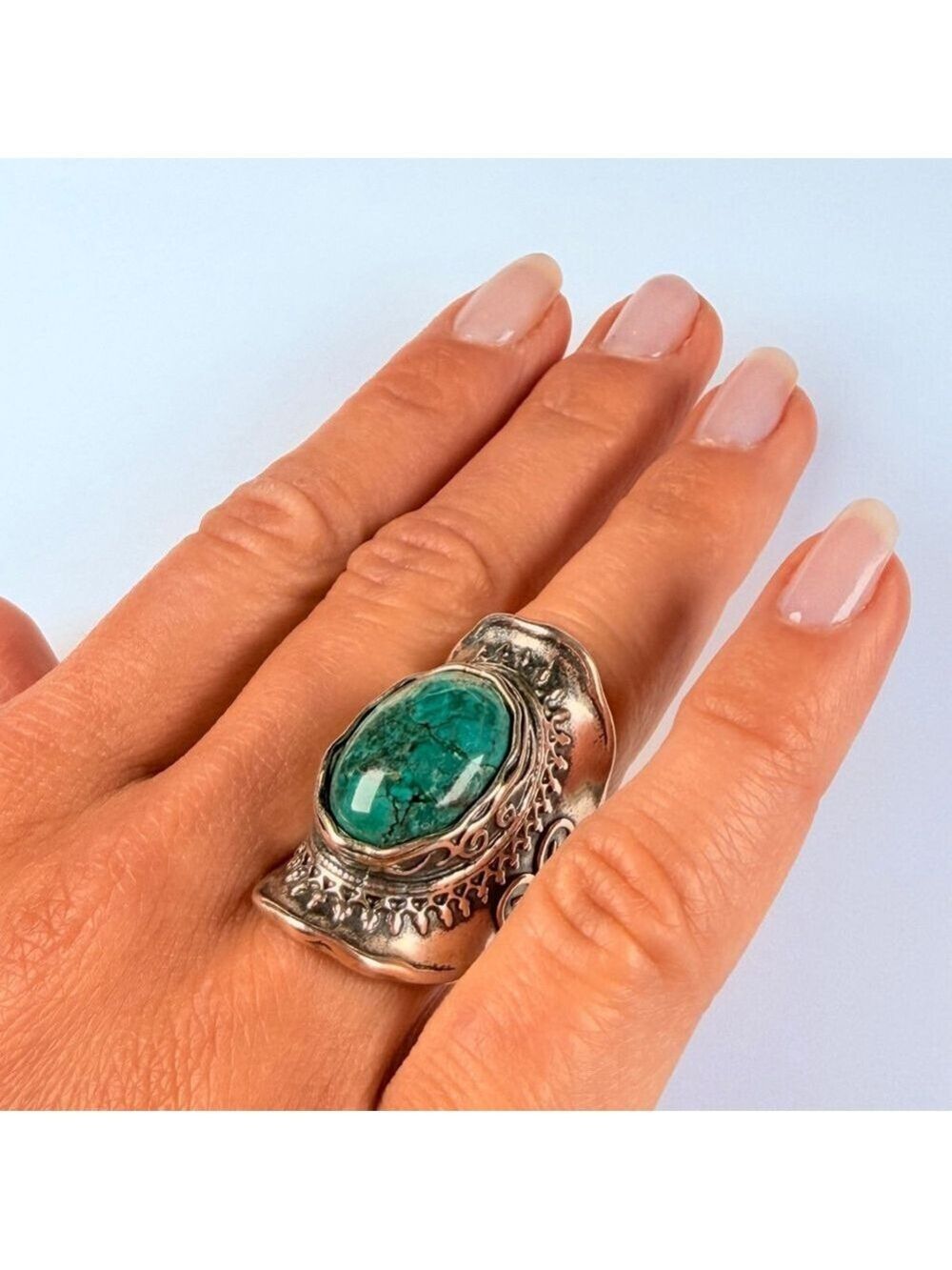 DIDAE 9.5CT Real Eliat Turquoise Sterling Silver Vintage Boho Saddle Israel Ring - Picture 11 of 12